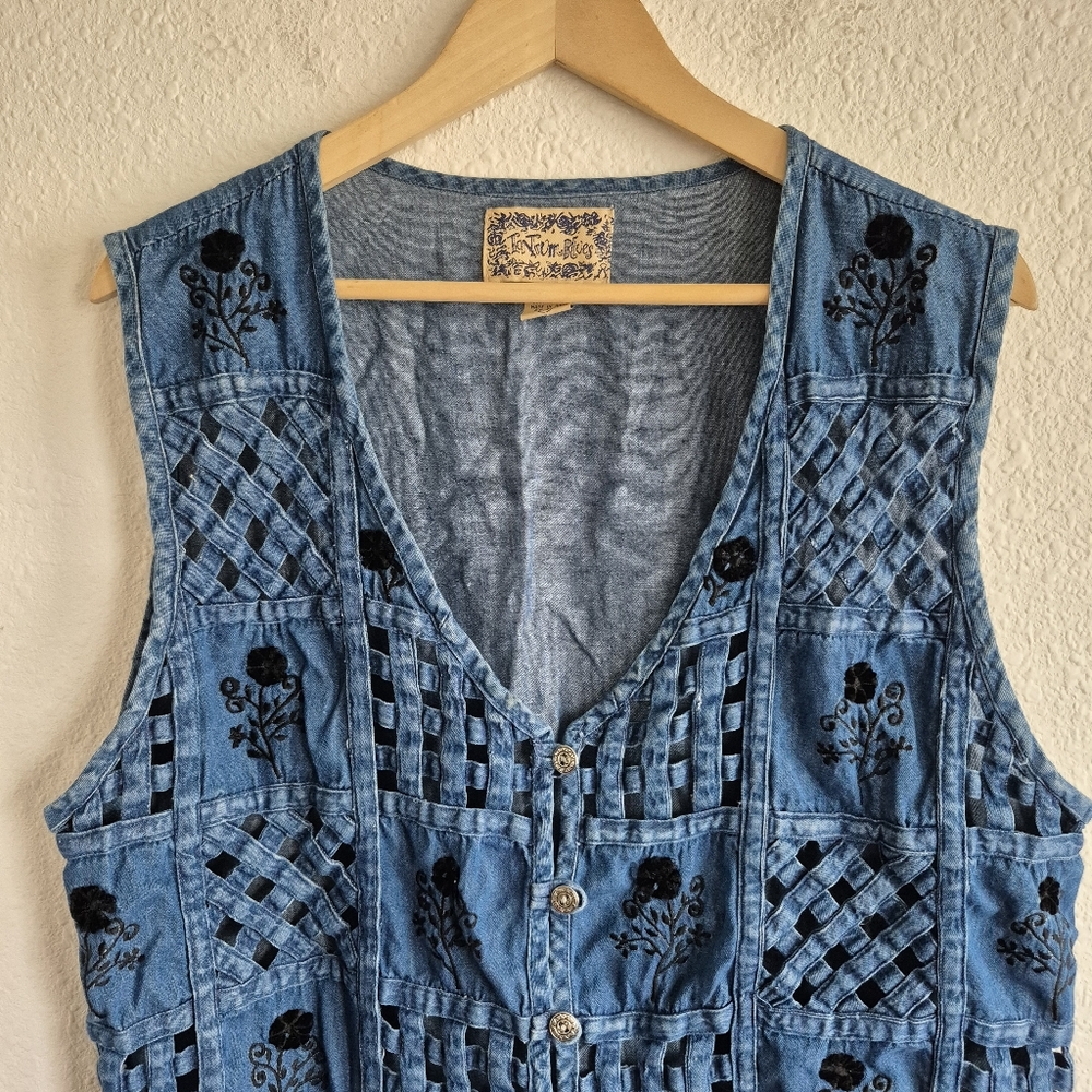 Tantrum Blues Denim Jean Lattice Black Floral 90s Vintage Y2K Women's Size 1X - Picture 2 of 5